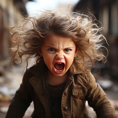 Little brunette girl crazy and frantic screams and shouts with an aggressive expression on her face and raised arms. Hair develops, fists clenched. Frustration concept. AI generated.