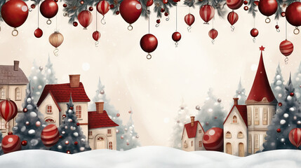 christmas background with houses, Christmas trees, Christmas balls