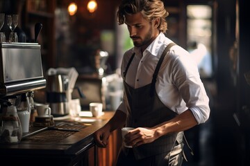 a young attractive male barista in elegant clothes white shirt and vest or an apron working at a cafe or a coffee house preparing warm beverages for the guests