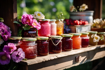 Jars with various jams and flowers on a wooden shelf 5