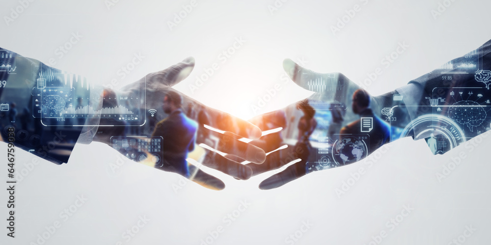 Poster group of multinational people shaking hands and digital technology concept. wide angle visual for ba