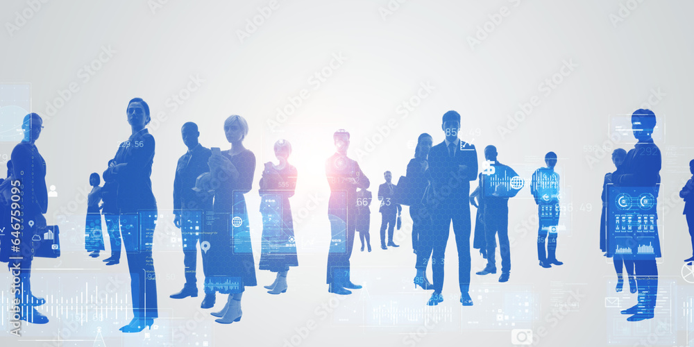 Poster group of multinational people and digital technology concept. wide angle visual for banners or adver