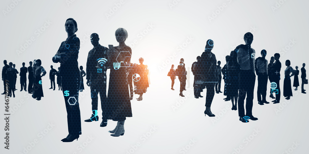 Poster group of multinational people and digital technology concept. wide angle visual for banners or adver