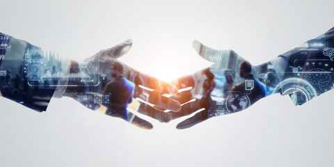 Group of multinational people  shaking hands and digital technology concept. Wide angle visual for banners or advertisements. - obrazy, fototapety, plakaty