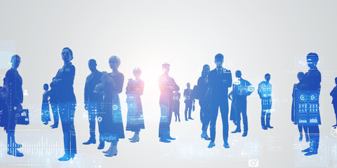 Group of multinational people and digital technology concept. Wide angle visual for banners or advertisements.