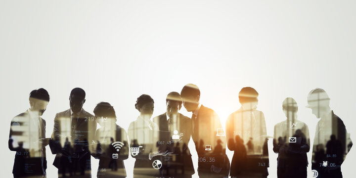 Group of multinational people and digital technology concept. Wide angle visual for banners or advertisements.