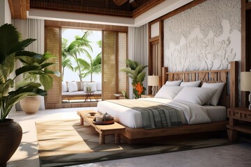 Cozy southern tropical interior of spacious bedroom: king size bed, wooden bamboo furniture and headboard, beige colored rattan details and off-white bedsheets, many green plants decorating the space