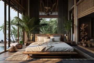 Cozy southern tropical interior of spacious bedroom: king size bed, wooden bamboo furniture and headboard, beige colored rattan details and off-white bedsheets, many green plants decorating the space