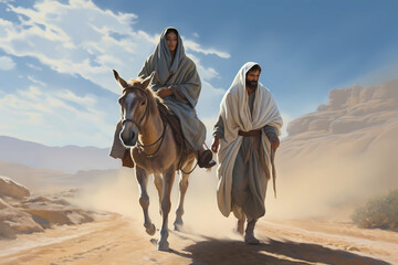 Maria und Josef auf dem Weg nach Bethlehem, Weihnachtsgeschichte, erstellt mit generativer KI - 646759438