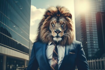 business lion in suit city background - obrazy, fototapety, plakaty