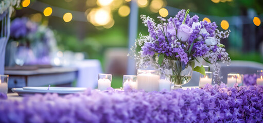 Beautiful romantic elegant wedding decor for a luxury dinner. Bokeh Flower setting for wedding ceremony in beautiful garden. 
