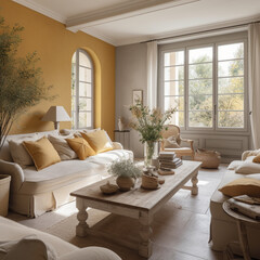 Provence interior, living room in the countryside, natural and earth tones - 646760428