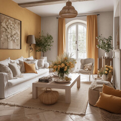 Provence interior, living room in the countryside, natural and earth tones - 646760432
