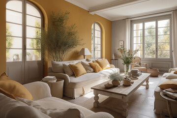 Provence interior, living room in the countryside, natural and earth tones - 646760435