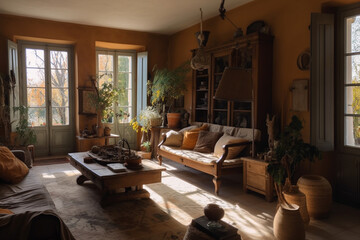 Provence interior, living room in the countryside, natural and earth tones - 646760436