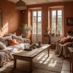 Provence interior, living room in the countryside, natural and earth tones