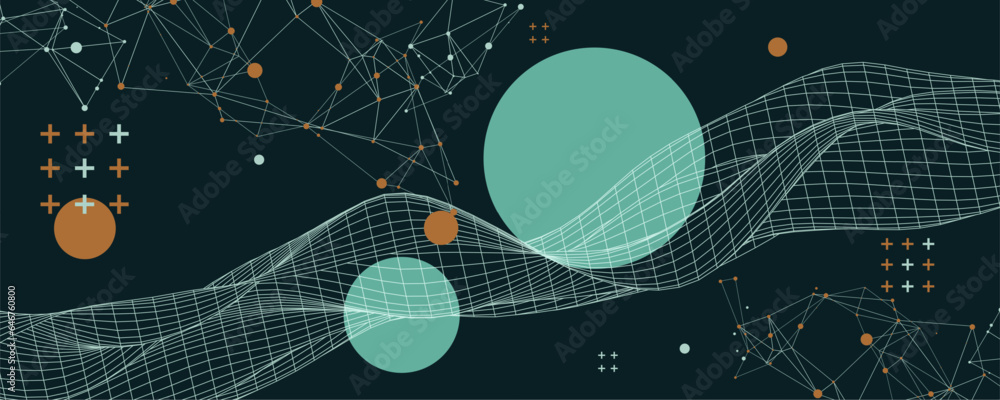 Poster Abstract background with wireframe waves. 3D surface.
