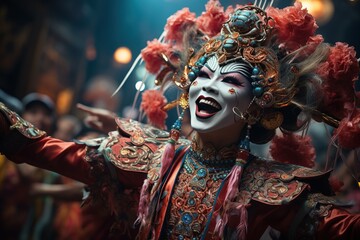Vibrant images of Chinese opera performers in elaborate costumes and makeup, Generated with AI