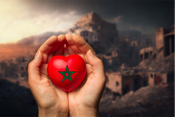 female hands hold and giving red heart in the form of a Morocco flag, support concept