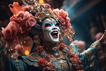 Vibrant images of Chinese opera performers in elaborate costumes and makeup, Generated with AI - obrazy, fototapety, plakaty