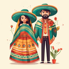 Mexican couple illustration in traditional attire 