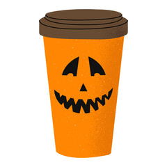 A flat vector cartoon illustration of a takeaway cup with a cartoon character in the Halloween style. Isolated design on a white background.