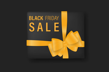 Black Friday sale design template. Text with a black box and a decorative yellow bow. Vector illustration
