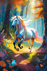 unicorn runs through a fairy forest