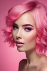 pink doll makeup on a girl with pink hair on a pink background