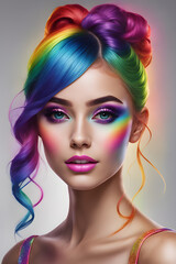 rainbow makeup and hairstyle on a close-up portrait of a young woman