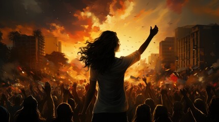 A woman is raising her arms in the air in front of a crowd, AI