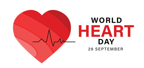 World heart day banner with red heart and pulse trace