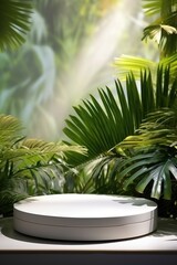 Round white podium on a wall background with tropical leaves, podium mock up for product presentation