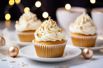 Creamy cupcakes for holiday Christmas party, bakery product with xmass festive table decoration