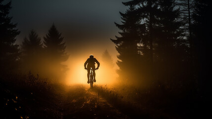 Fototapeta premium mountain bike in the night fog in the mountain forest extreme sports background in the rays of light