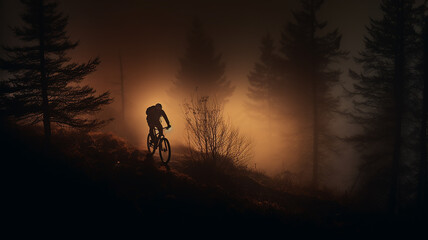 mountain bike in the night fog in the mountain forest extreme sports background in the rays of light