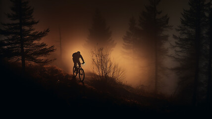 Fototapeta premium mountain bike in the night fog in the mountain forest extreme sports background in the rays of light