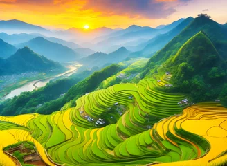 Papier Peint photo Lavable Orange Beautiful rice terraces. Surrounded by mountains and sunset. 