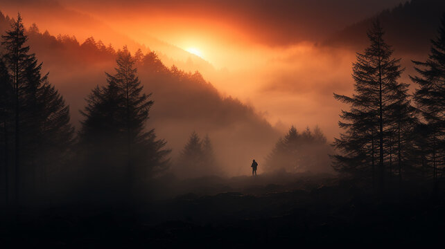 a lonely silhouette in a sunset landscape in the wild, fog autumn atmosphere of peace and tranquility