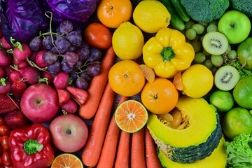 Fresh fruits, assorted fruits, colorful background. Healthy fruits and vegetables concept.