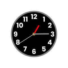 Black wall home clock in colored flat icon style. Elegant wall clock with red clockwise. Vector illustration in trendy style. Editable graphic resources for many purposes.