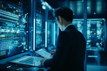 Fototapeta premium Technician is checking the system in server room.
