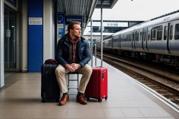 Fototapeta na wymiar Traveler man sitting on on bench at the railway station. Next to the bags with luggage. Generative AI