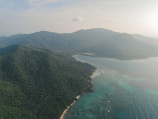 Fototapeta na wymiar Aerial view of Karimunjawa Islands, Jepara, Indonesian archipelago, Volcano Island, coral reefs, white sand beaches. Top tourist destination, best diving snorkelling.