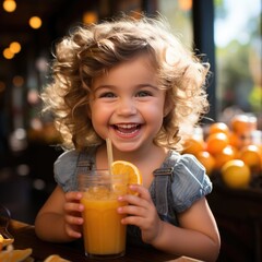 little curly blonde girl drinks orange juice from a large glass with a straw, smiling cheerfully in the frame. sitting at a wooden table in the kitchen in the village. AI generated.