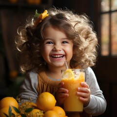 little curly-haired girl is sitting in her grandmother s kitchen and holding a large glass of orange juice, smiling cheerfully. Summer mood. AI generated.