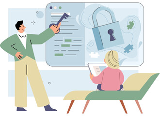 Psychotherapy session. Childrens psychological problems. Mental health, depression. Female patient with psychologist or psychotherapist is sitting on couch. Therapist talking to girl analyzes anxiety