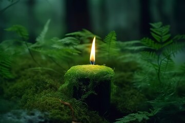 Burning candle on moss, dark green blurred the natural background. Magic candle.