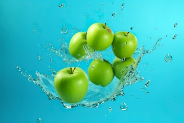 Fresh green apples fall into the water with a splash on blue background.