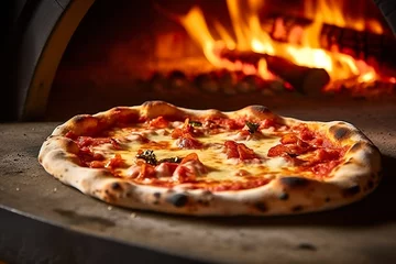 Foto op Plexiglas Freshly baked pizza closeup, traditional wood fired oven background. © AbGoni